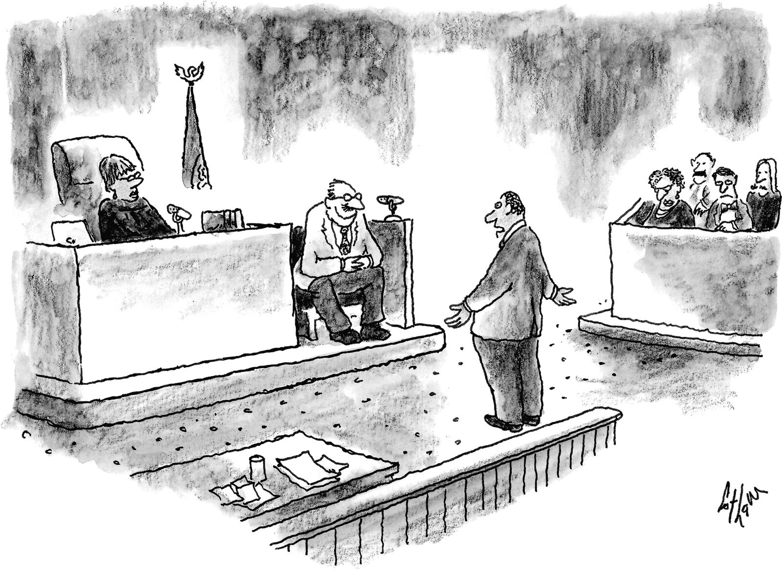 Lawyer talking to man on witness stand.