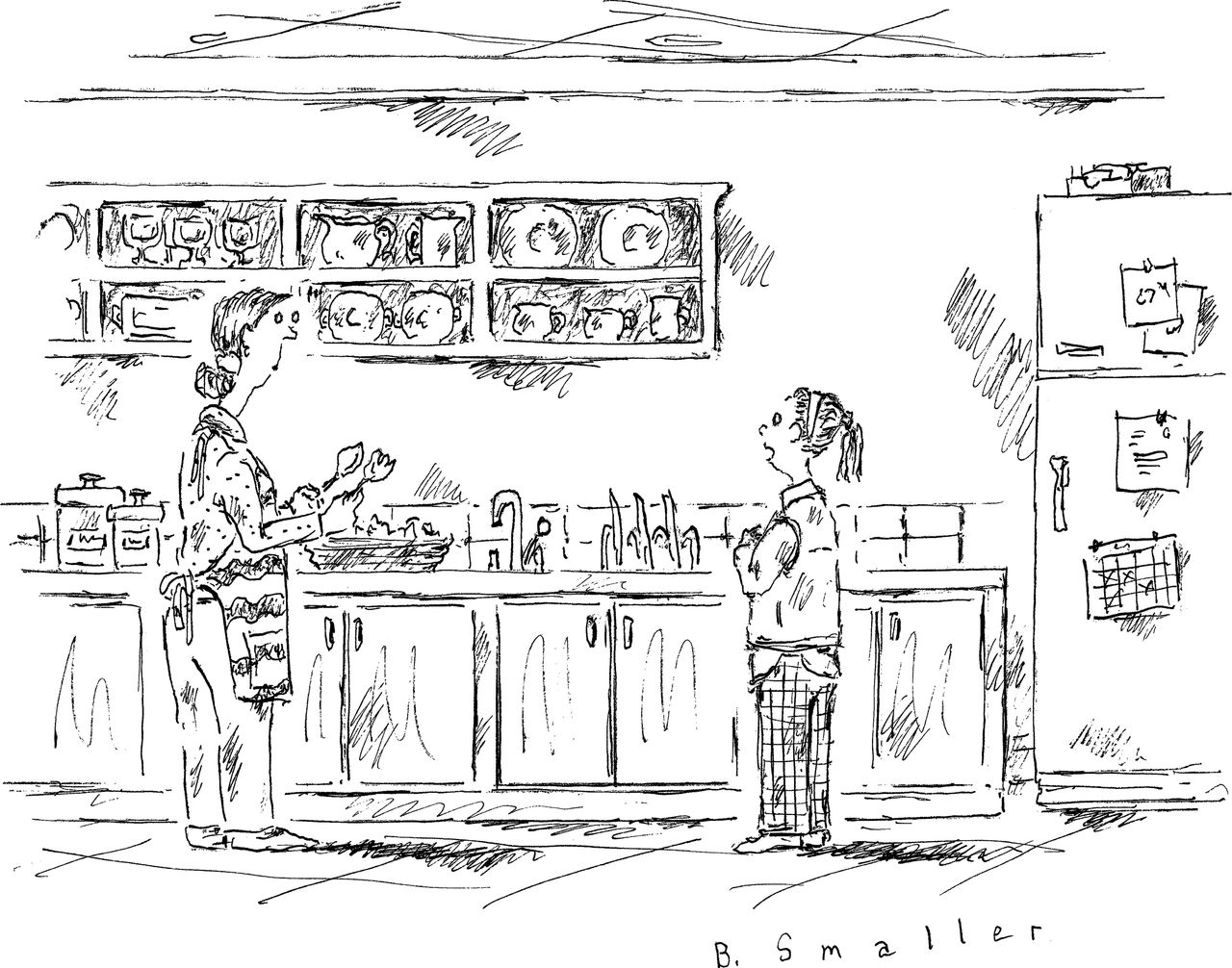 Girl complains to mother in kitchen.