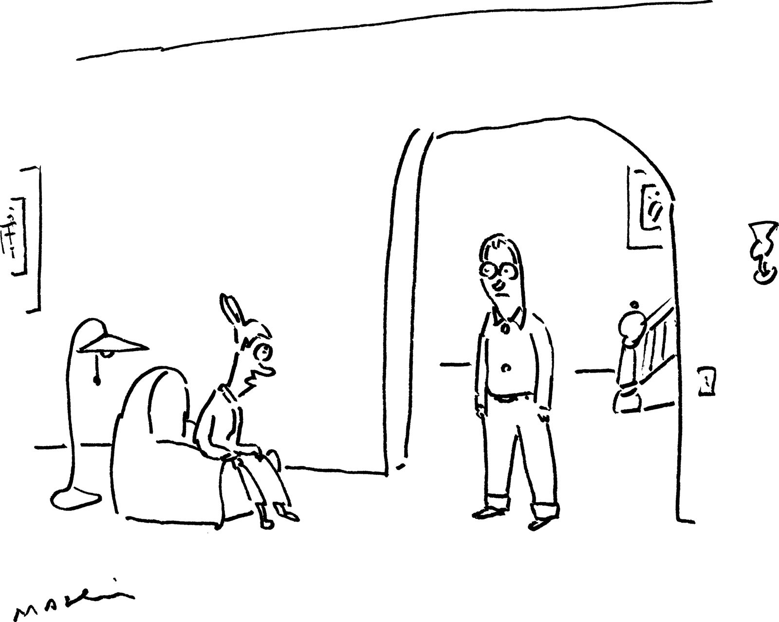 Man with cuffed pants stands in front of woman.