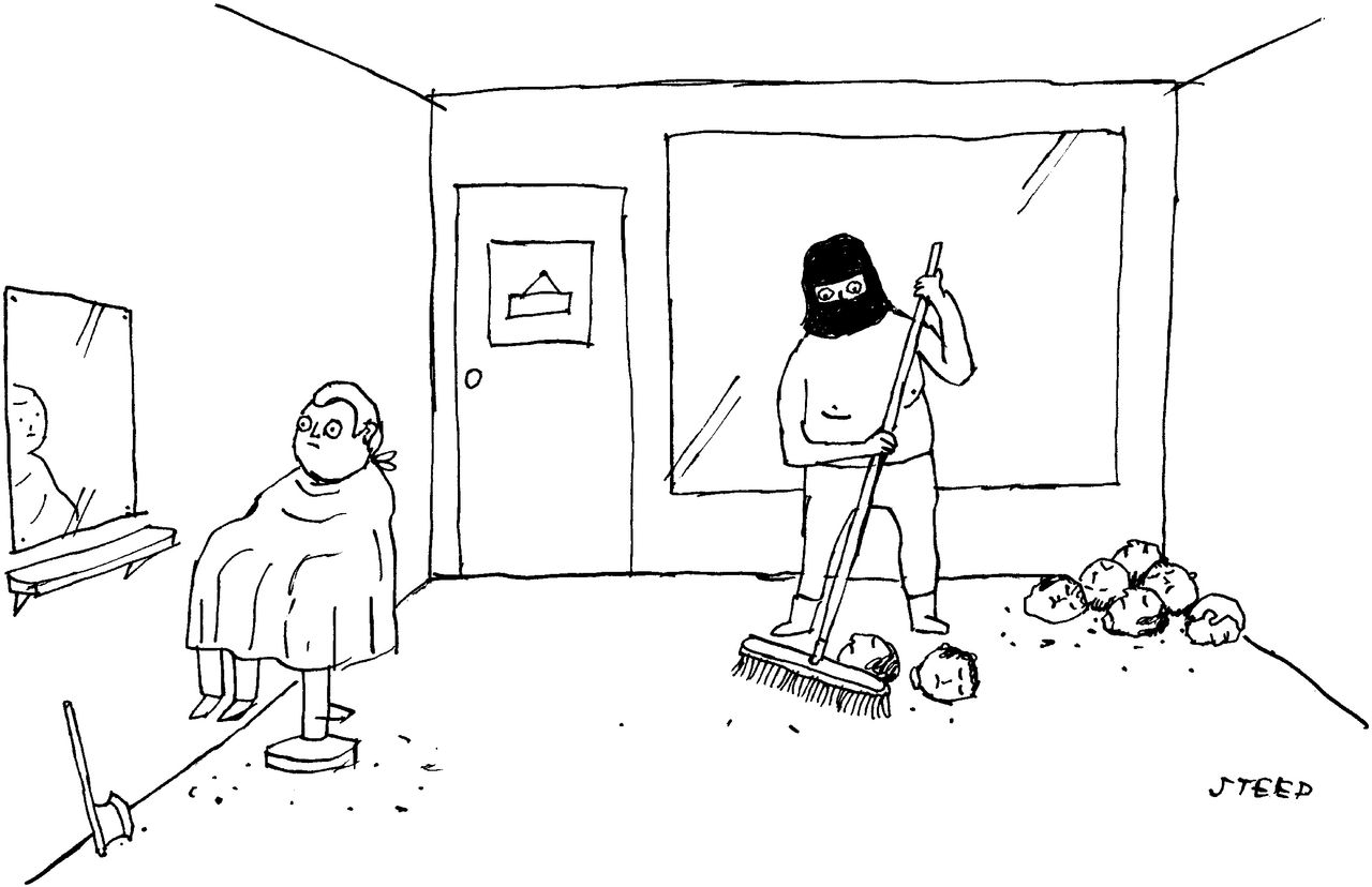 Man waiting in barber's chair while executioner sweeps up pile of severed heads.