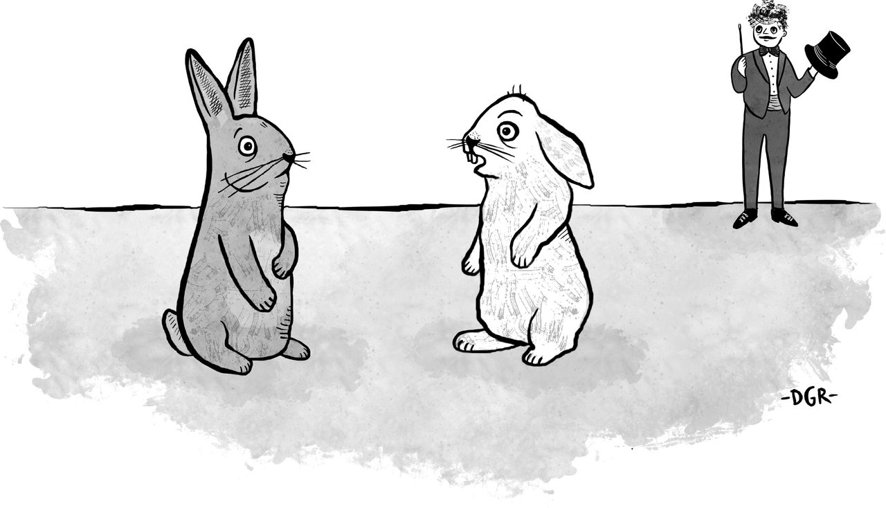 Two worried rabbits talking with magician in background.