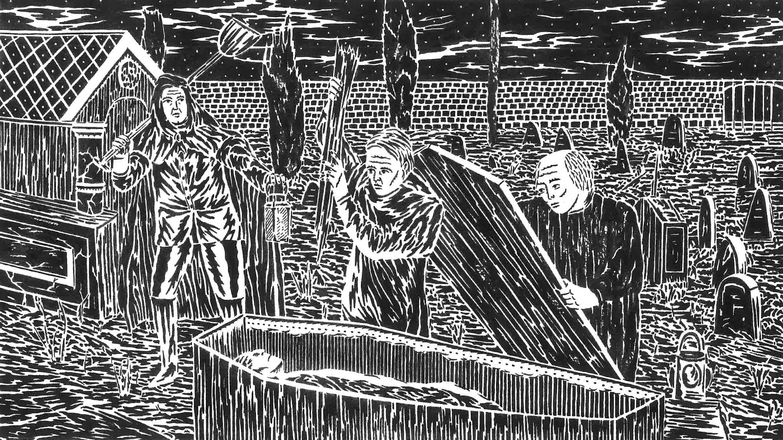 Medieval townspeople drive a stake through a corpse.