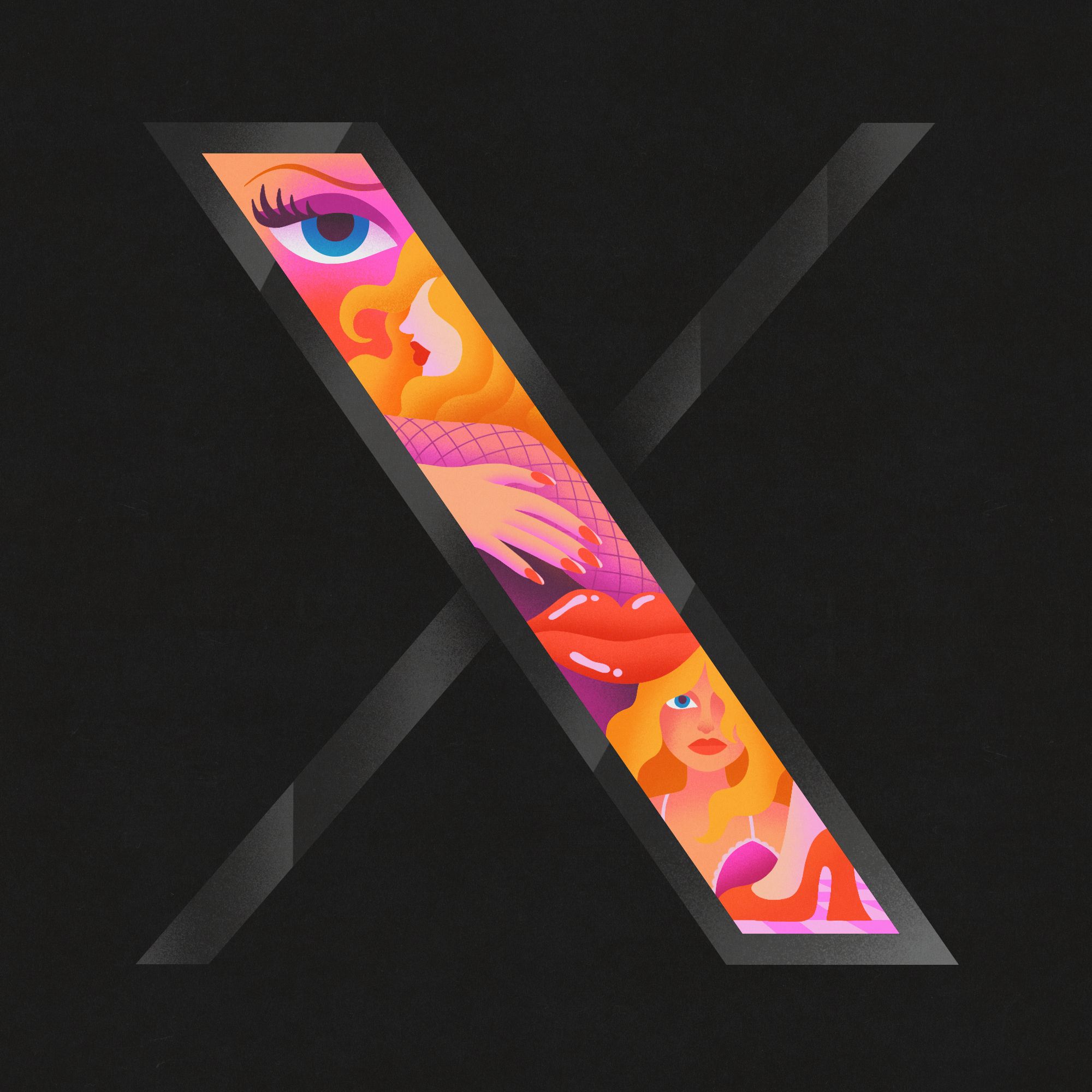 A black rendering of the X logo which incorporates mildly erotic iconography.