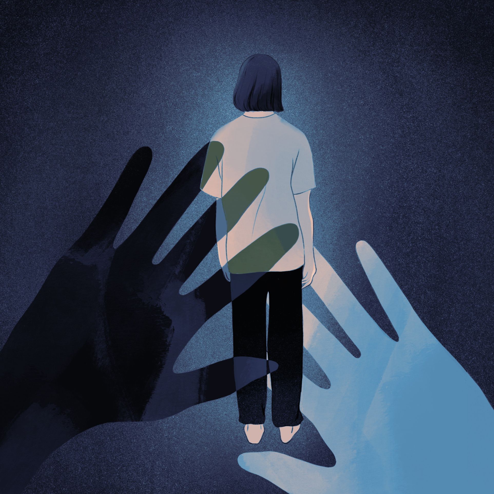 Hands overshadowing the back of a woman.