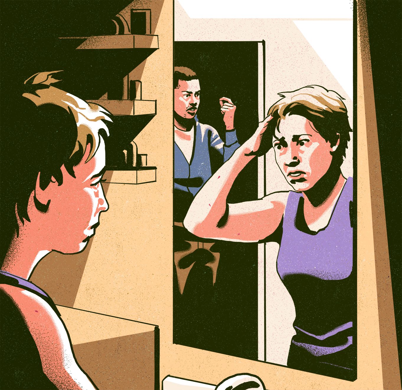 A woman and a man reflected in the mirror