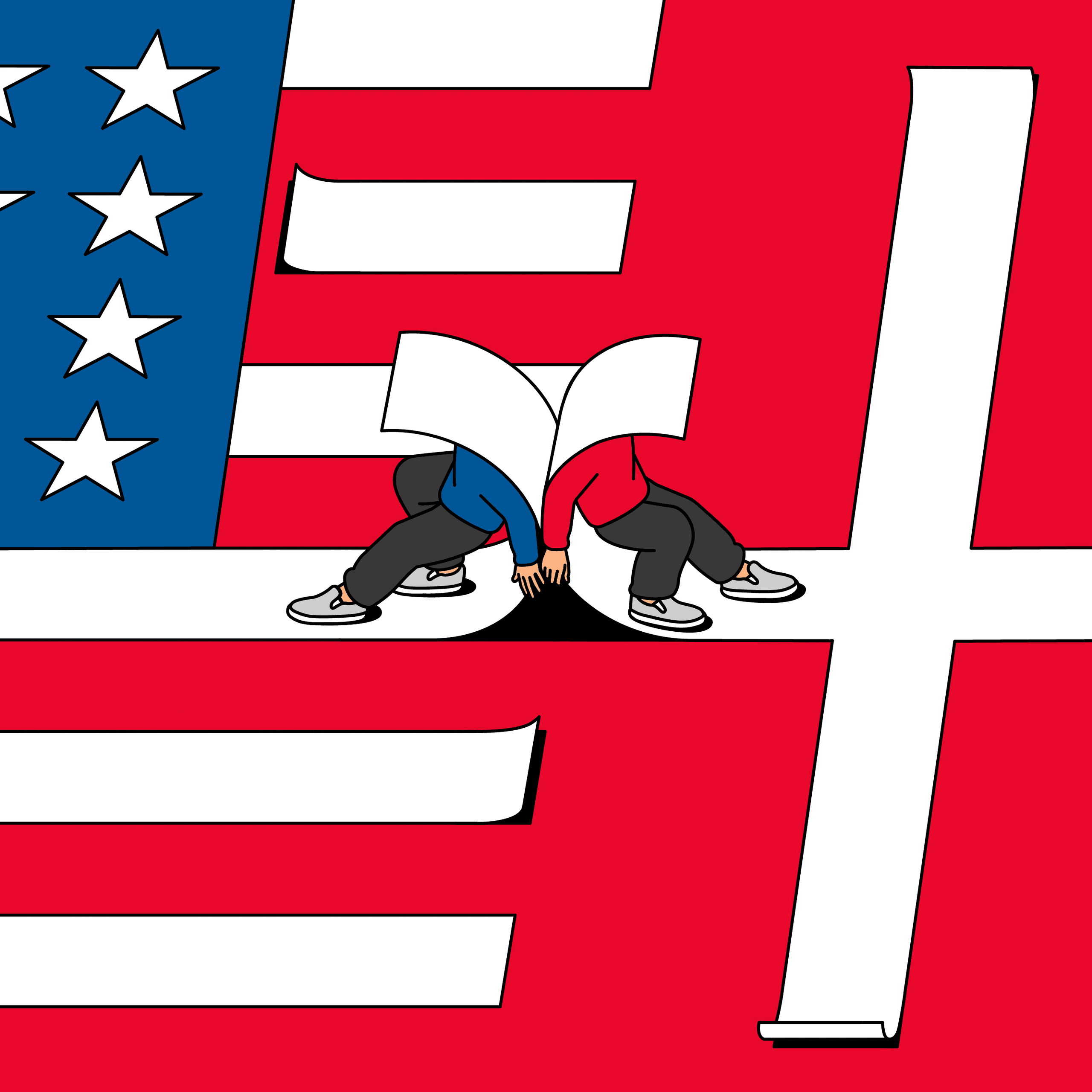 People hiding behind white strips of the U.S. and Denmark flags.